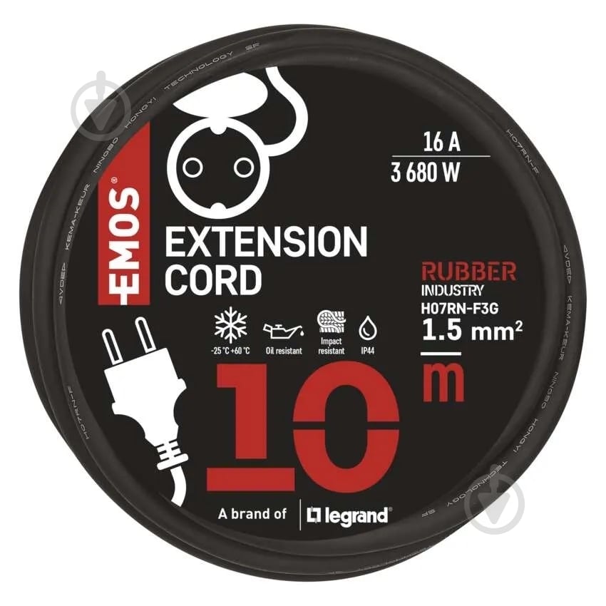 Подовжувач Emos 1,5 мм² 16A 3680 Вт IP44 гума із заземленням 1 гн. чорний 10 м P01810 - фото 5