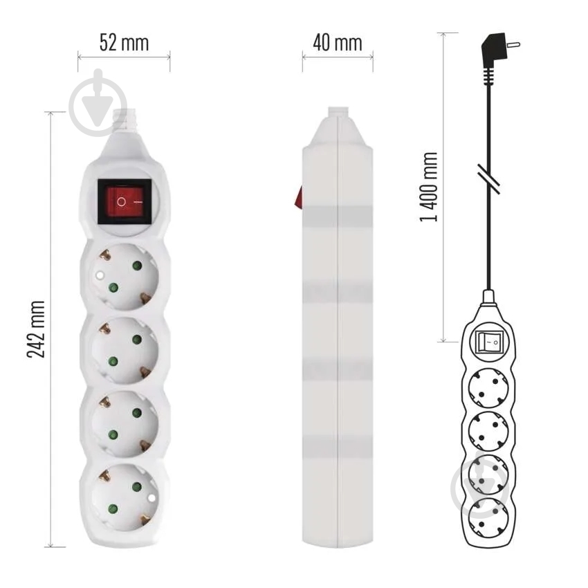 Подовжувач з вимикачем Emos 1 мм² 16A 3680 Вт із заземленням 4 гн. білий 1,4 м P1421 - фото 6