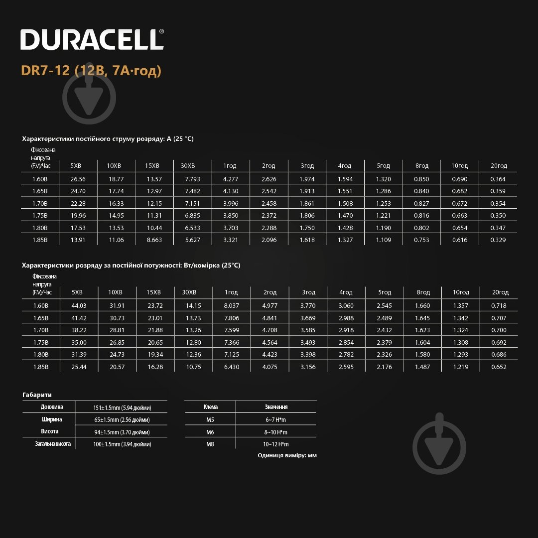 Батарея акумуляторна Duracell 12V 7Ah AGM (DR7-12) - фото 6