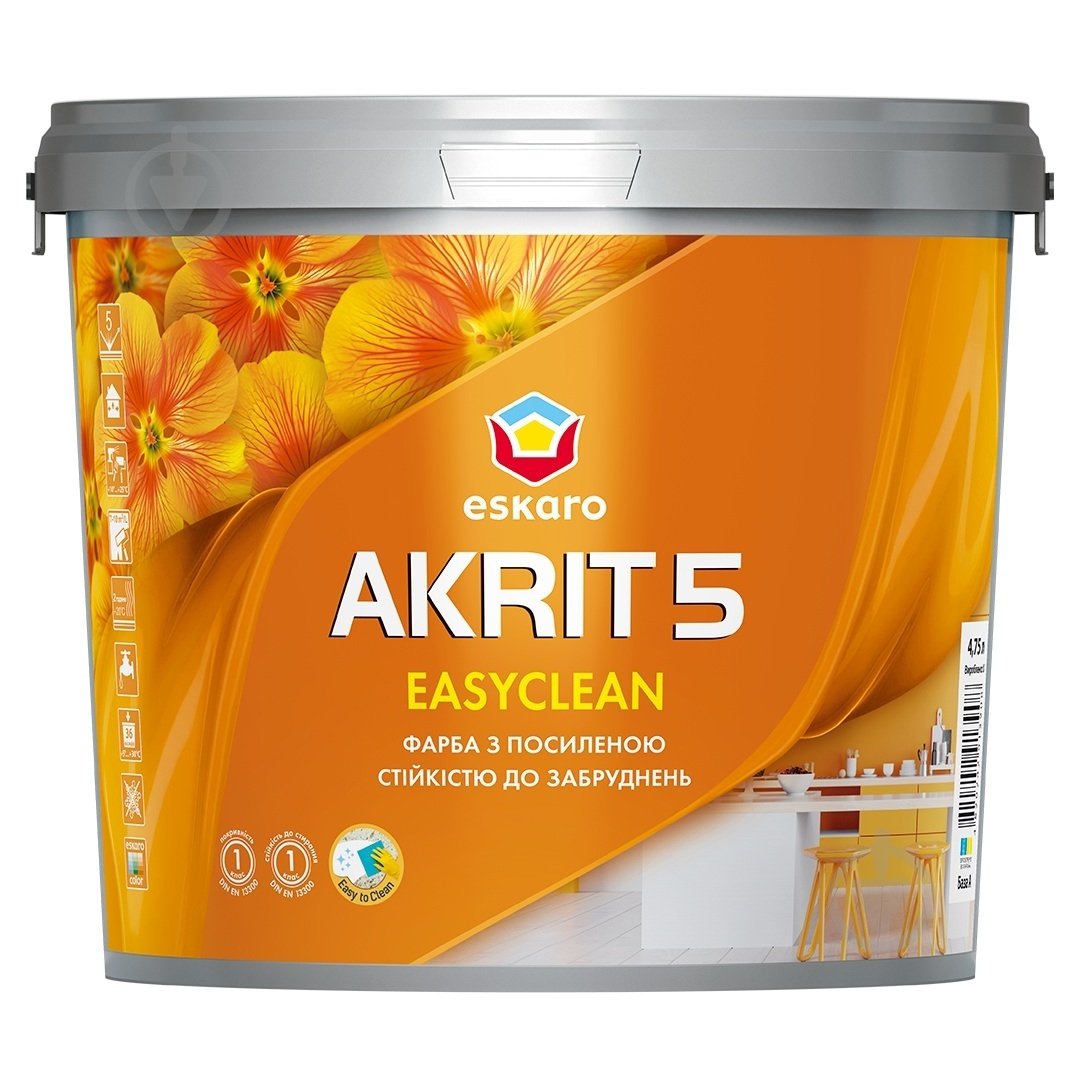 Краска интерьерная акриловая Eskaro Akrit 5 Easyclean мат Белый 4,75 л 5,94 кг - фото 1
