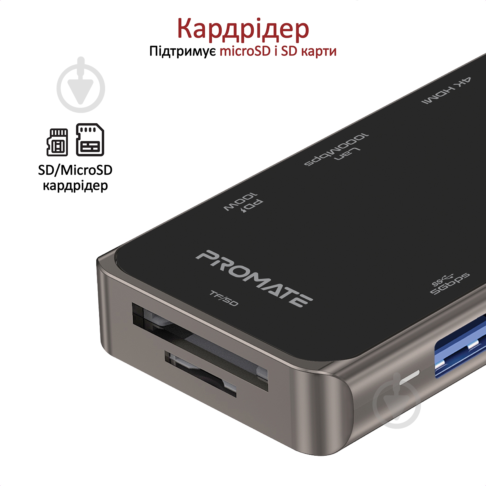 USB-хаб Promate PrimeHub-Pro 11-в-1 USB-C PD/HDMI/VGA/2xUSB 3.0/2xUSB 2.0/RJ45/SD/MicroSD/AUX 3.5 мм - фото 7 USB-хаб Promate PrimeHub-Pro 11-в-1 USB-C PD/HDMI/VGA/2xUSB 3.0/2xUSB 2.0/RJ45/SD/MicroSD/AUX 3.5 мм - фото 7