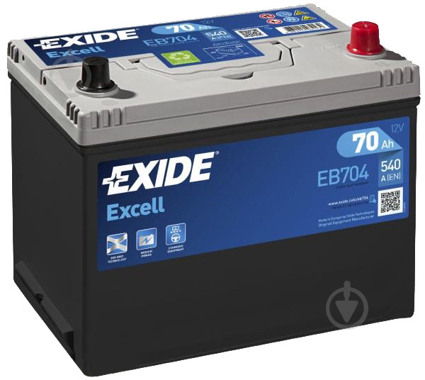 Аккумулятор автомобильный EXIDE Excell 70Ah 540A 12V «+» справа (EB704) - фото 1