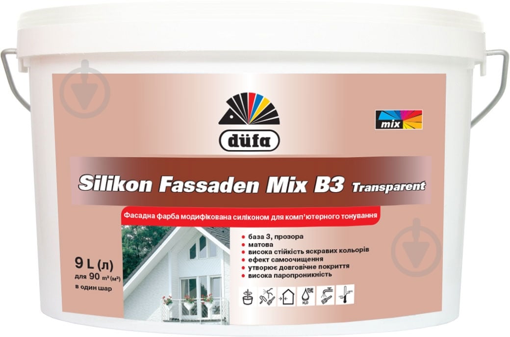 Краска cиликономодифицированная акриловая Dufa Silikon Fassaden Mix B3 Transparent мат 9 л - фото 1