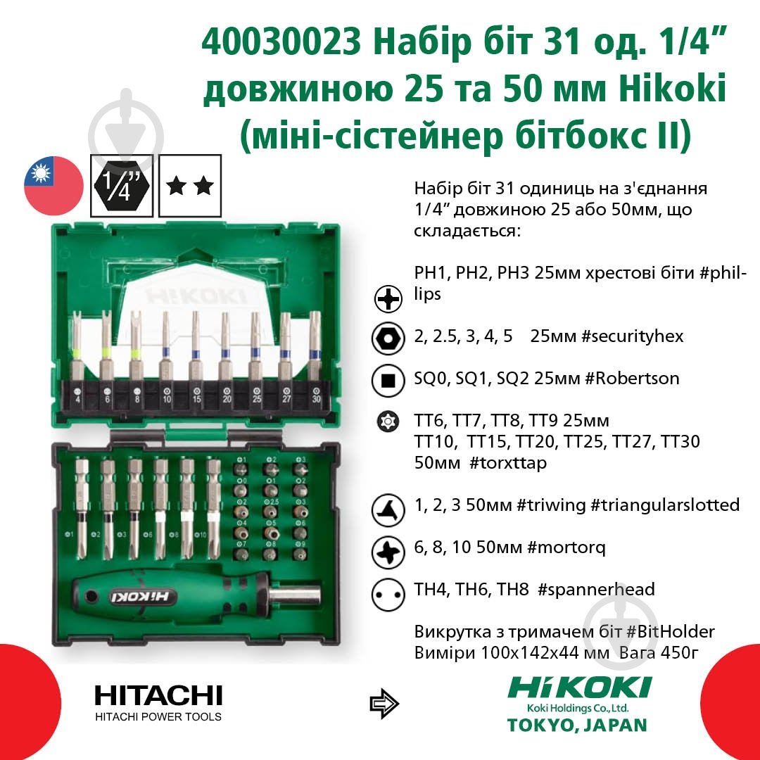 Набір біт HIKOKI викрутка + 15 біт 25 мм + 15 біт 50 мм 31 шт. 40030023 - фото 2 Набір біт HIKOKI викрутка + 15 біт 25 мм + 15 біт 50 мм 31 шт. 40030023 - фото 2