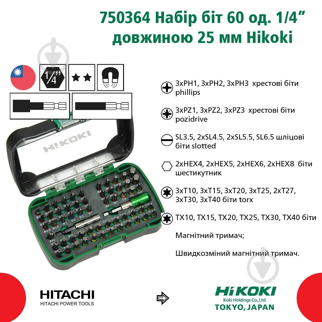 Набор бит HIKOKI 1/4” 25 мм 60 шт. 750364 - фото 2