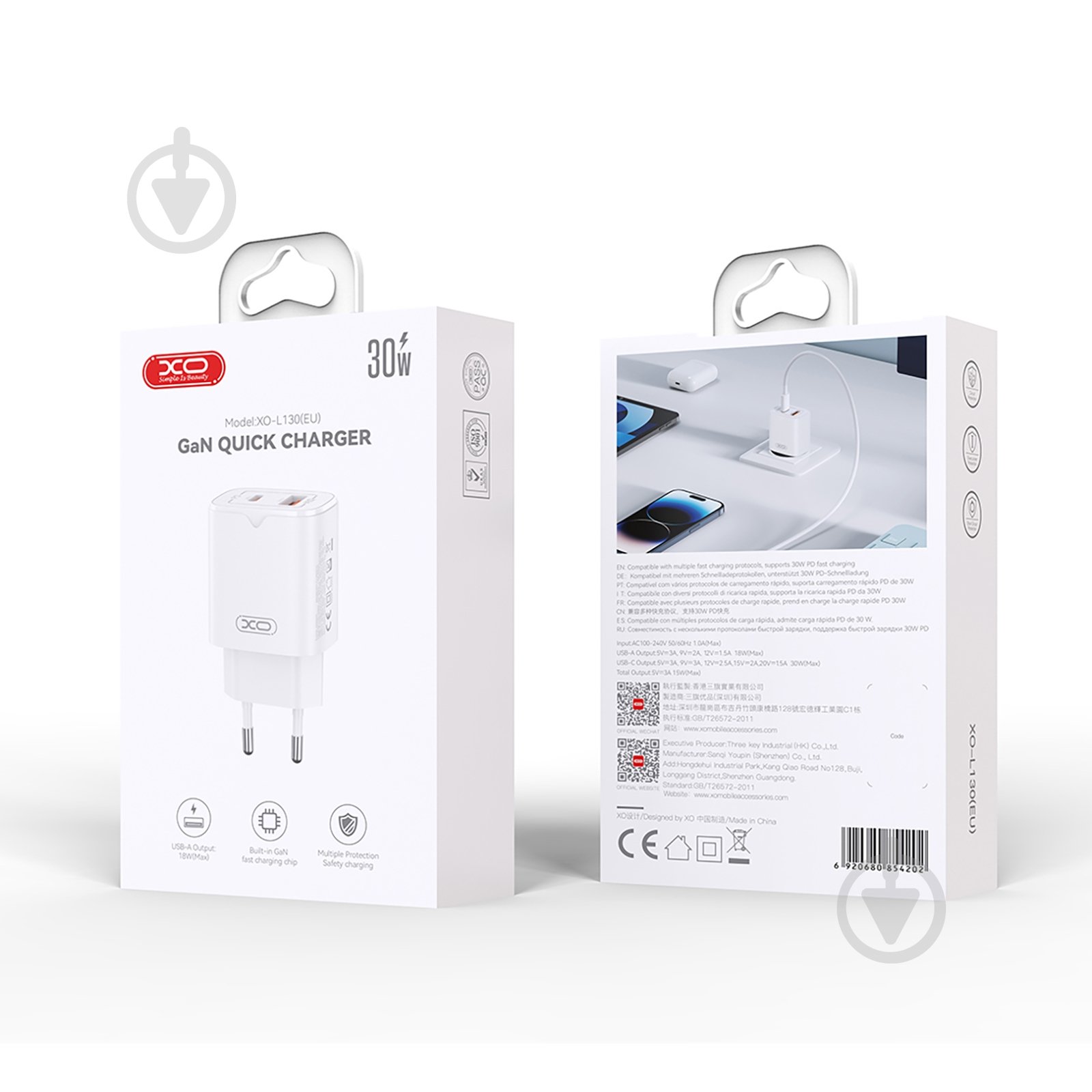 Мережевий зарядний пристрій Xo L130 PD30W, QC18W USB-A, USB-C White (L130.white) - фото 4