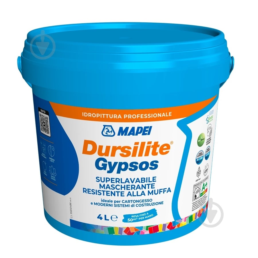 Фарба інтер'єрна акрилова Mapei ультраматова фарба на водній основі Dursilite Gypsos Base P шовковистий мат 4 л - фото 1