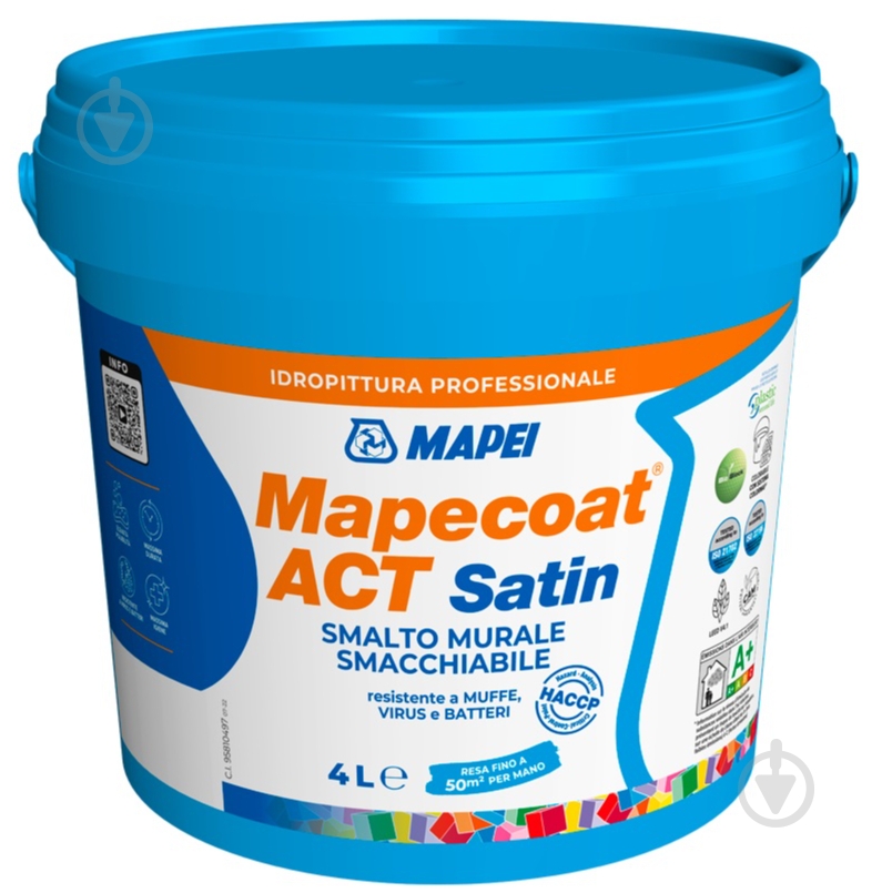 Фарба бактерицидна акрилова Mapei ультрастійка до очищення Mapecoat ACT Satin Base T Сатін напівмат 4 л 4 кг - фото 1 Фарба бактерицидна акрилова Mapei ультрастійка до очищення Mapecoat ACT Satin Base T Сатін напівмат 4 л 4 кг - фото 1