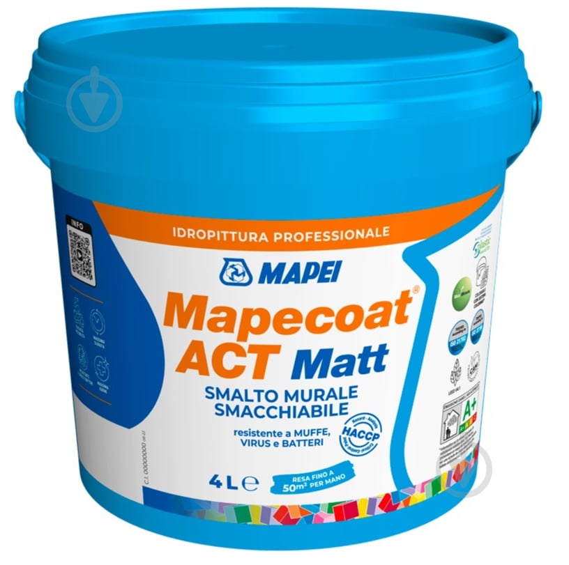 Фарба бактерицидна акрилова Mapei ультрастійка до очищення Mapecoat ACT Matt Base T мат 4 л - фото 1