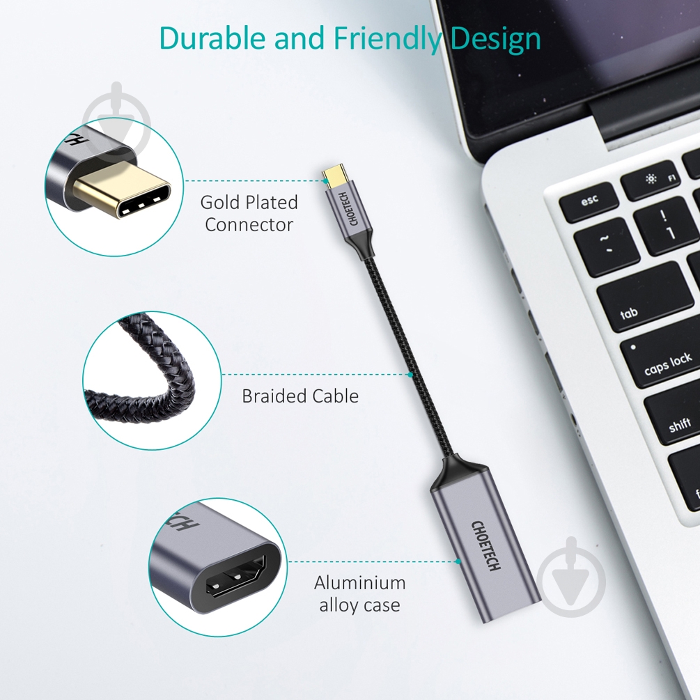 Адаптер Choetech Type-C до HDMI коаксіальний 0,2 м чорний (ADAPT-CHOE-HUB-H10) - фото 3