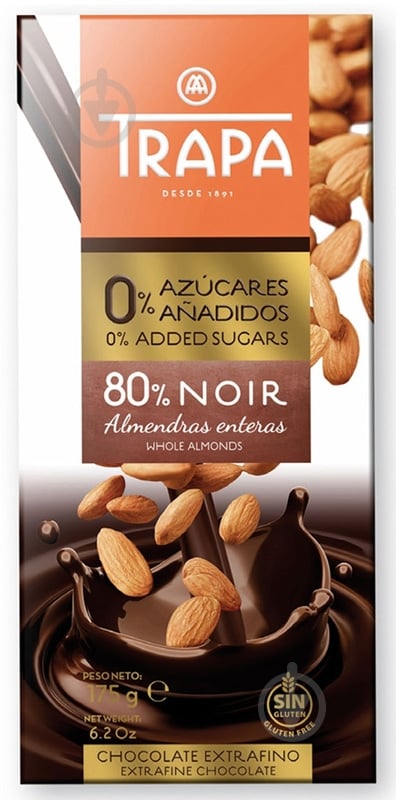 Черный шоколад Trapa Intenso б/ц черный с миндалем 175 г - фото 1 Черный шоколад Trapa Intenso б/ц черный с миндалем 175 г - фото 1