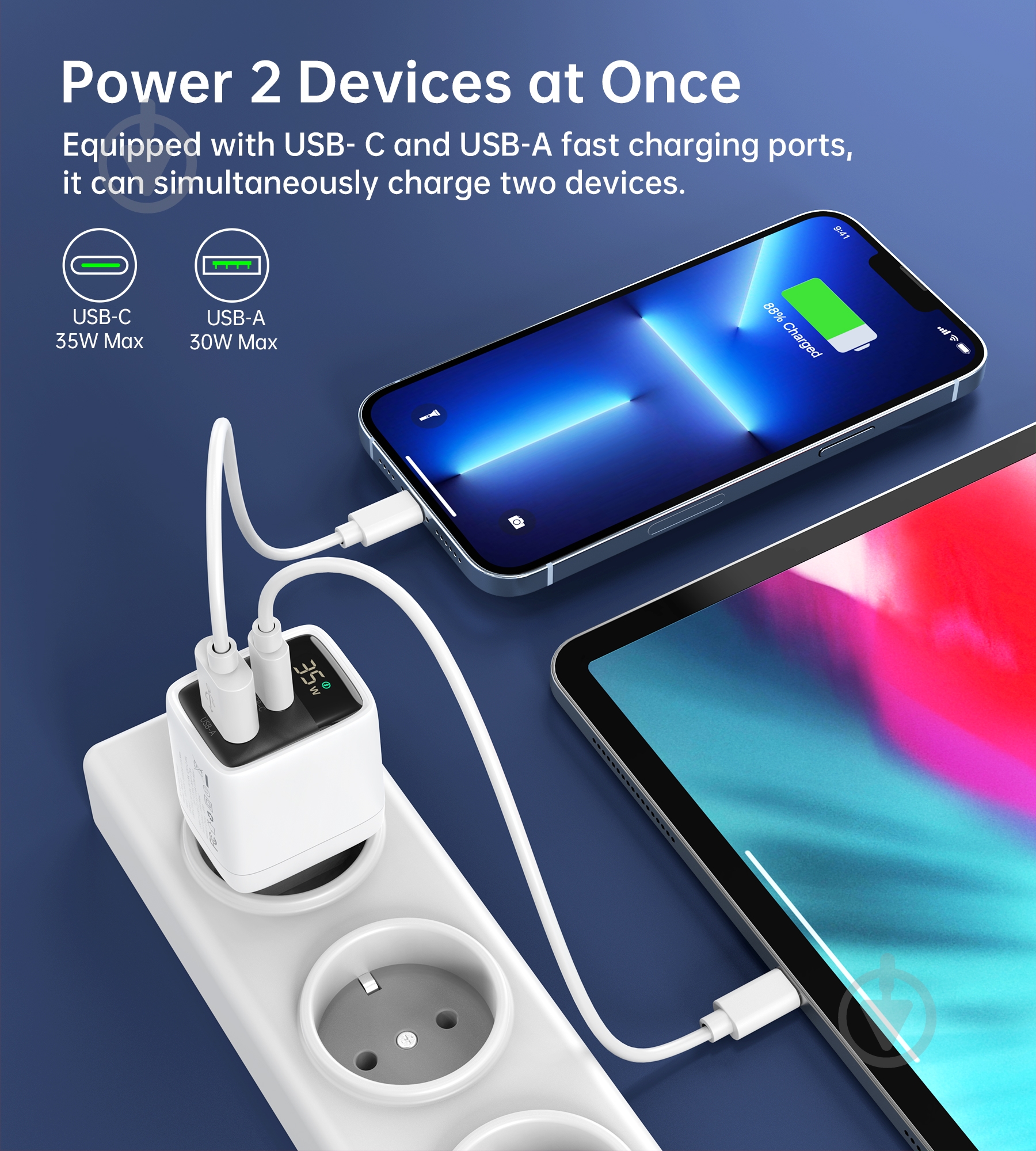Мережевий зарядний пристрій Choetech PD35W USB 1A+1C з дисплеєм (PD6052-EU-WH) - фото 4
