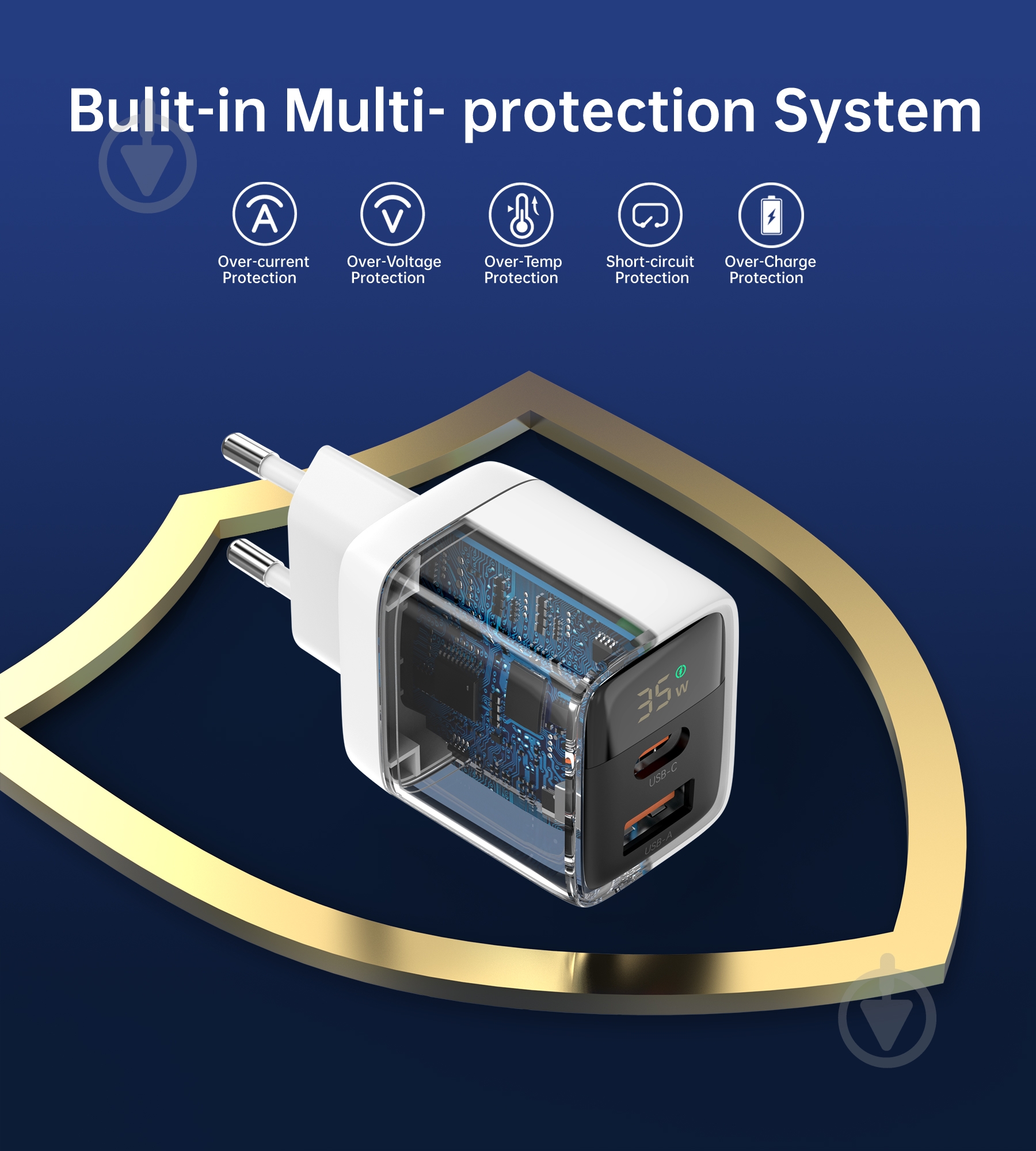 Мережевий зарядний пристрій Choetech PD35W USB 1A+1C з дисплеєм (PD6052-EU-WH) - фото 5