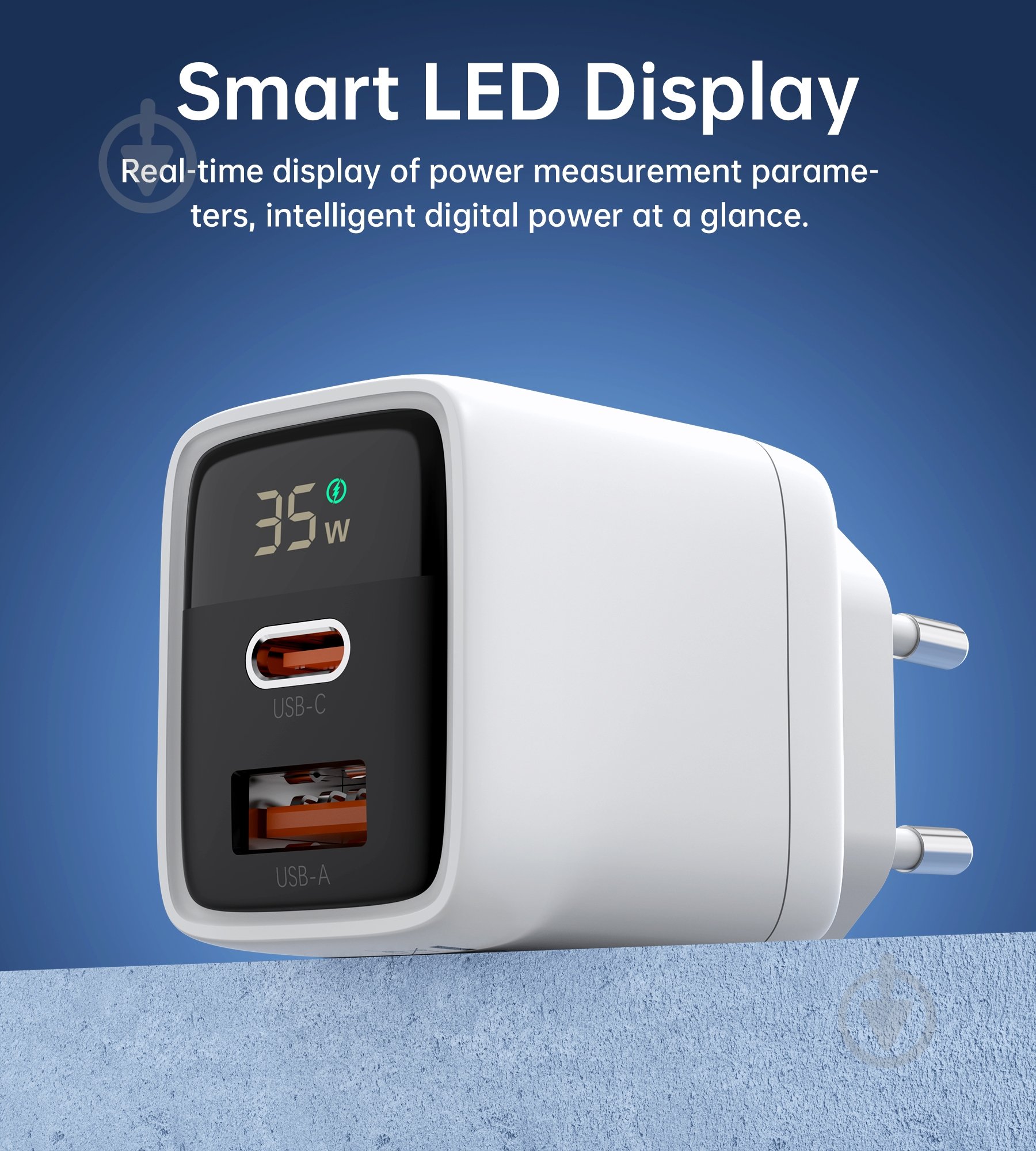 Мережевий зарядний пристрій Choetech PD35W USB 1A+1C з дисплеєм (PD6052-EU-WH) - фото 3