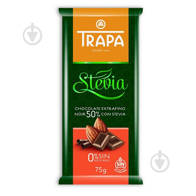 Черный шоколад Trapa Stevia 50% 75 г - фото 1