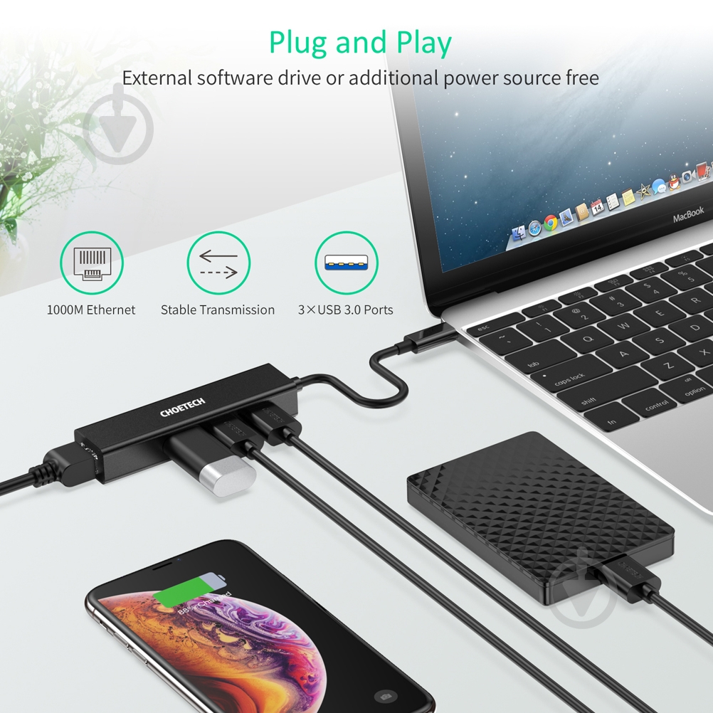 USB-хаб Choetech 4 в 1 USB-C до RJ45 0,12 м чорний (ADAPT-CHOE-HUB-U02) - фото 3