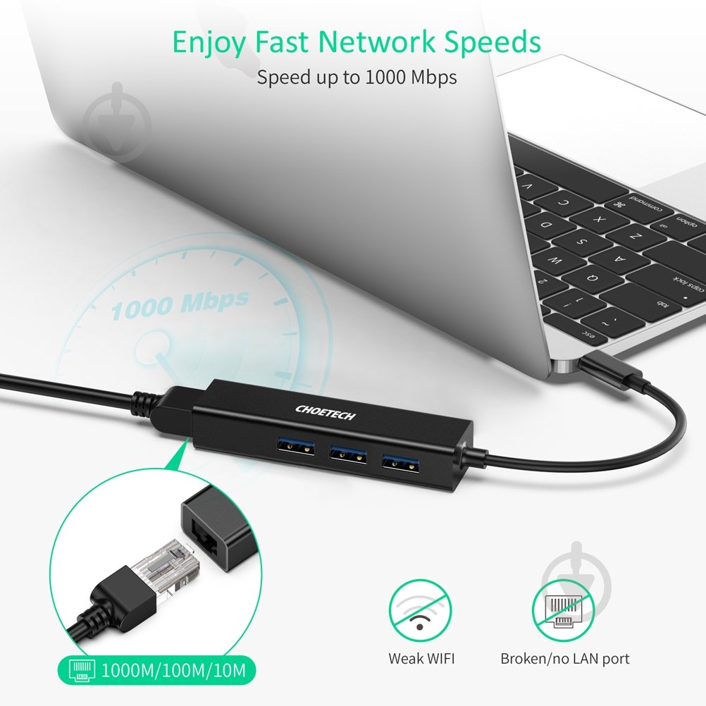 USB-хаб Choetech 4 в 1 USB-C до RJ45 0,12 м чорний (ADAPT-CHOE-HUB-U02) - фото 7