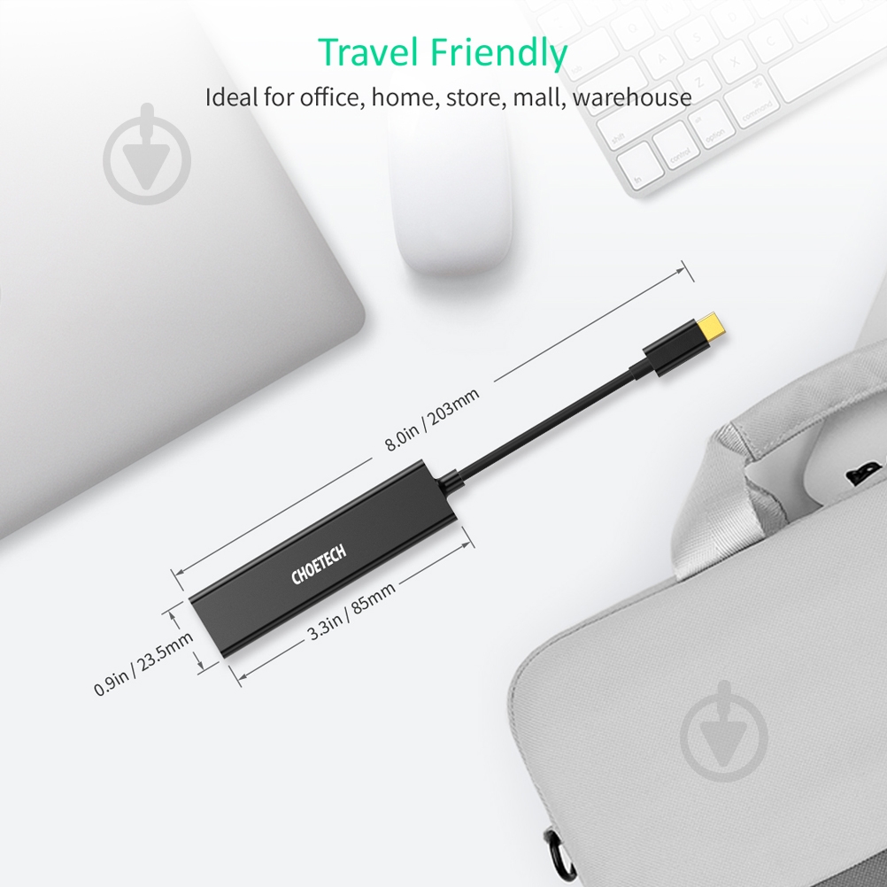 USB-хаб Choetech 4 в 1 USB-C до RJ45 0,12 м чорний (ADAPT-CHOE-HUB-U02) - фото 4