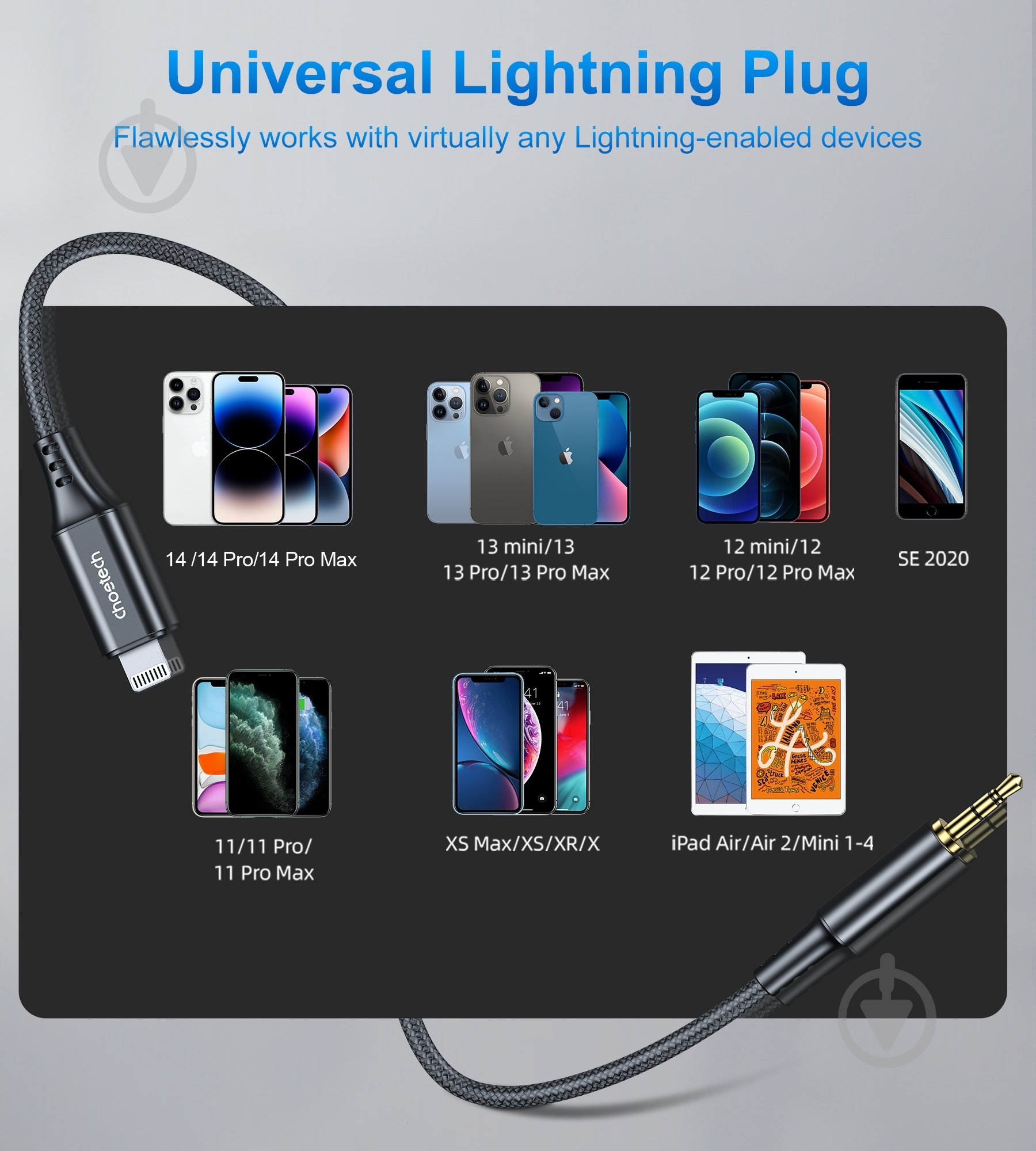 Кабель Choetech Lightning (non-MFi) - AUX 3,5 мм male (AUX007) 1 м чорний (CAB-CHOE-LIGHT-AUX-1) - фото 7