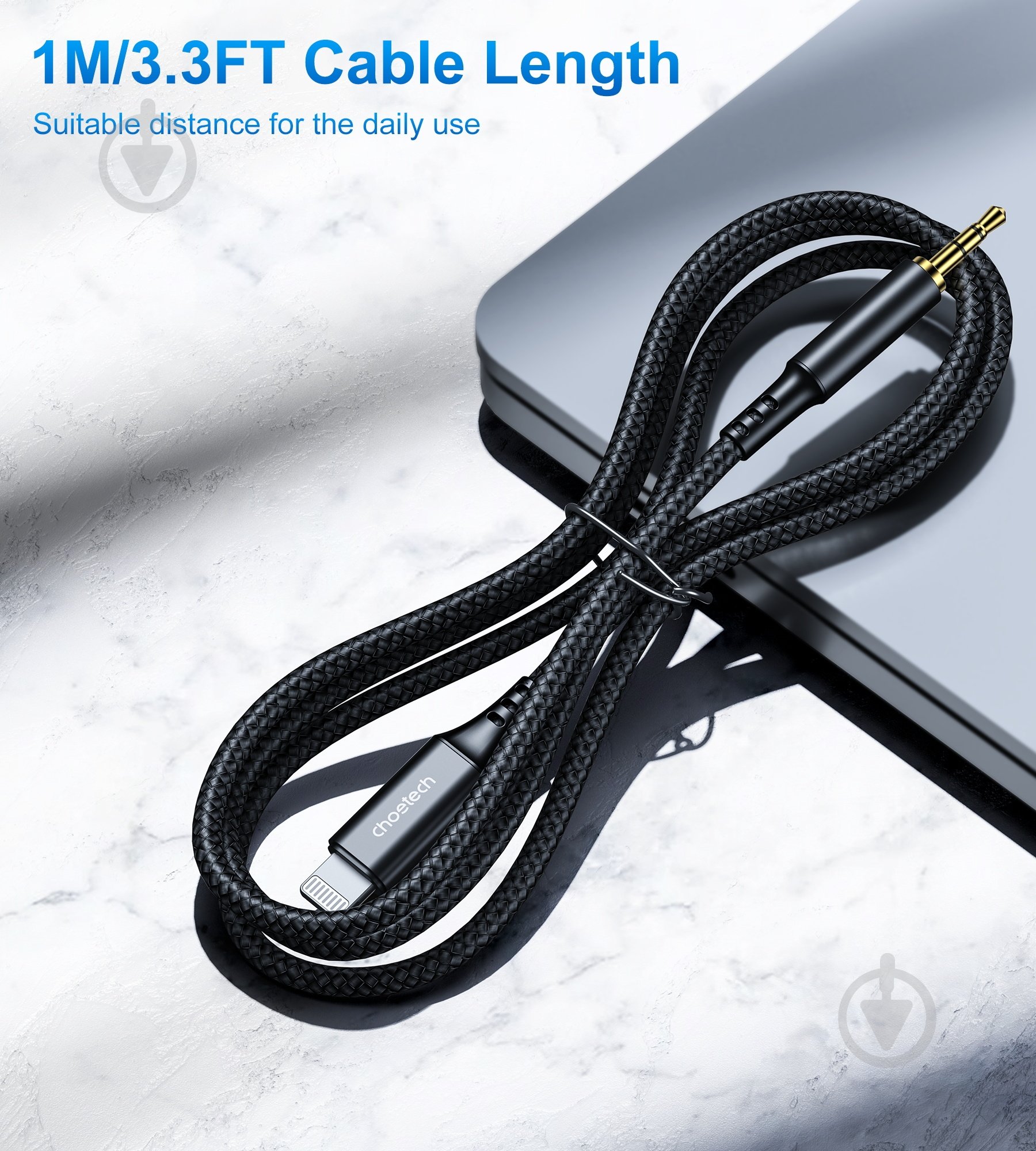 Кабель Choetech Lightning (non-MFi) - AUX 3,5 мм male (AUX007) 1 м чорний (CAB-CHOE-LIGHT-AUX-1) - фото 4