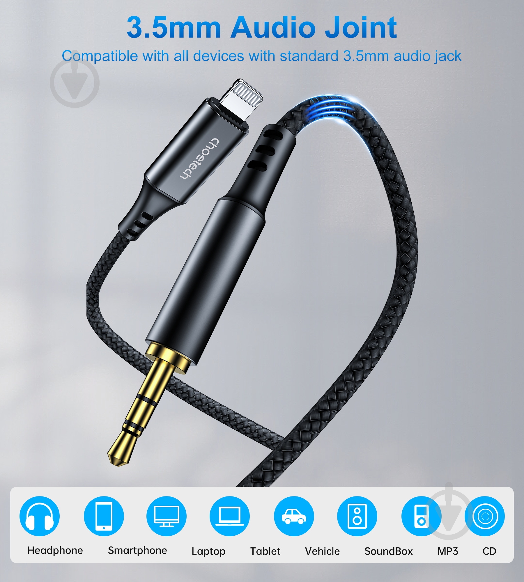 Кабель Choetech Lightning (non-MFi) - AUX 3,5 мм male (AUX007) 1 м чорний (CAB-CHOE-LIGHT-AUX-1) - фото 5