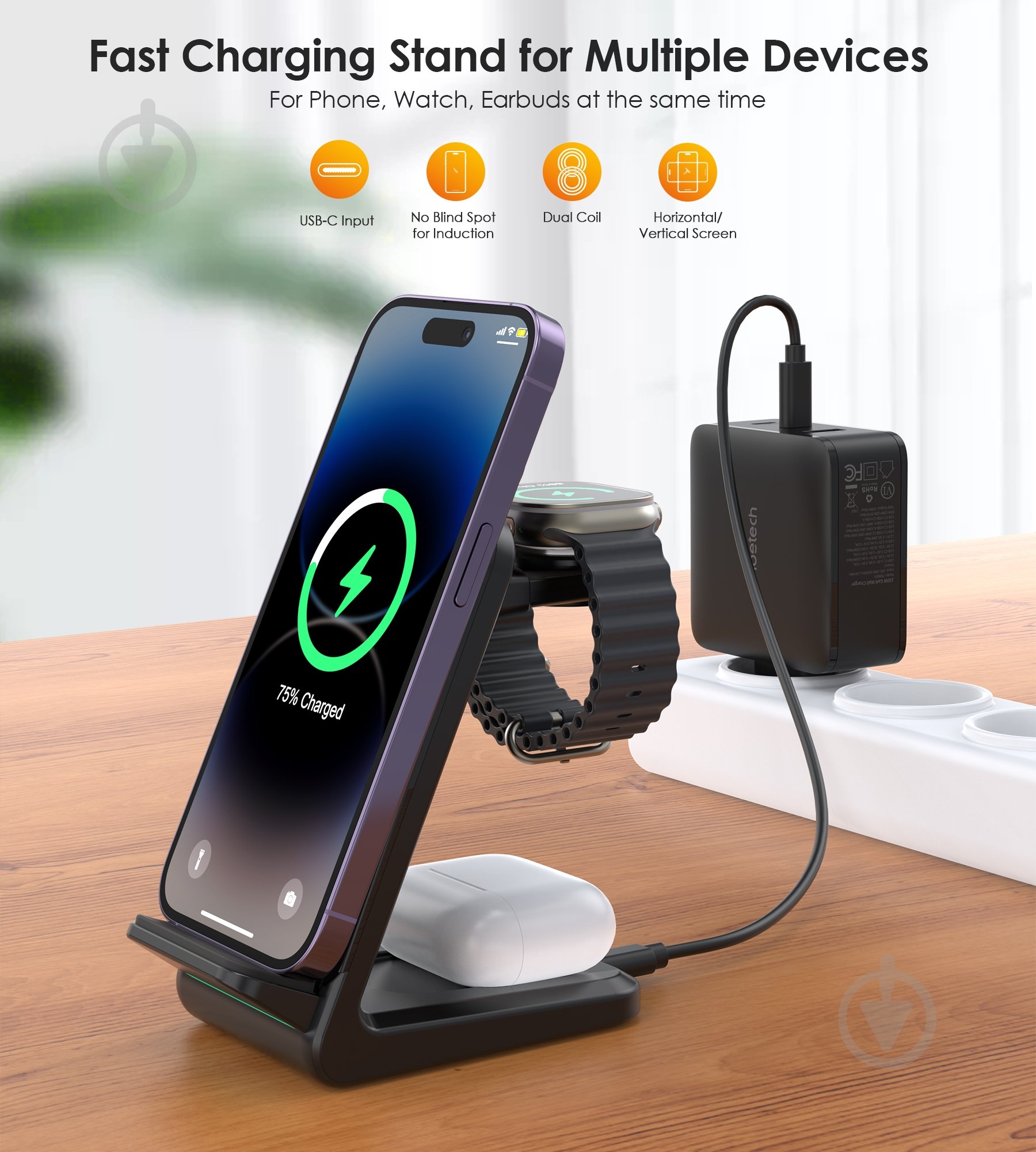Бездротовий зарядний пристрій Choetech 3 в 1 15W (T608-F) - фото 4