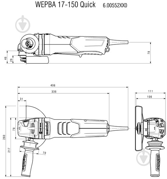 Болгарка (кутова шліфмашина) Metabo WEPBA 17-150 M-Quick клавіша-перемикач 600552000 - фото 8 Болгарка (кутова шліфмашина) Metabo WEPBA 17-150 M-Quick клавіша-перемикач 600552000 - фото 8