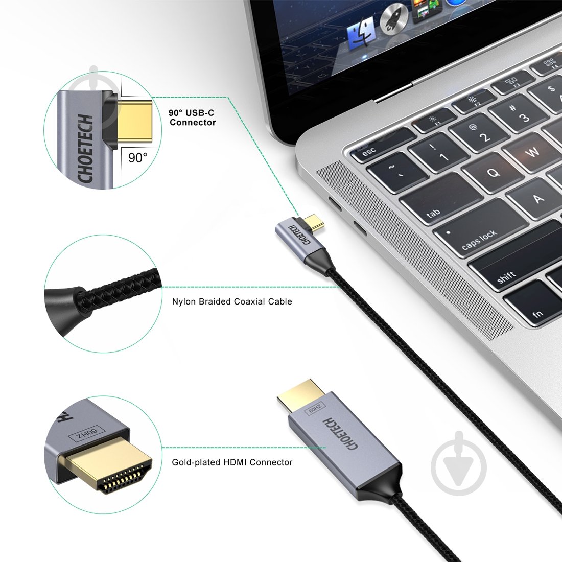 Кабель Choetech Type-C - HDMI L-форма (XCH-1803) 1,8 м чорний (CAB-CHOE-TYPC-HDMI-L) - фото 3