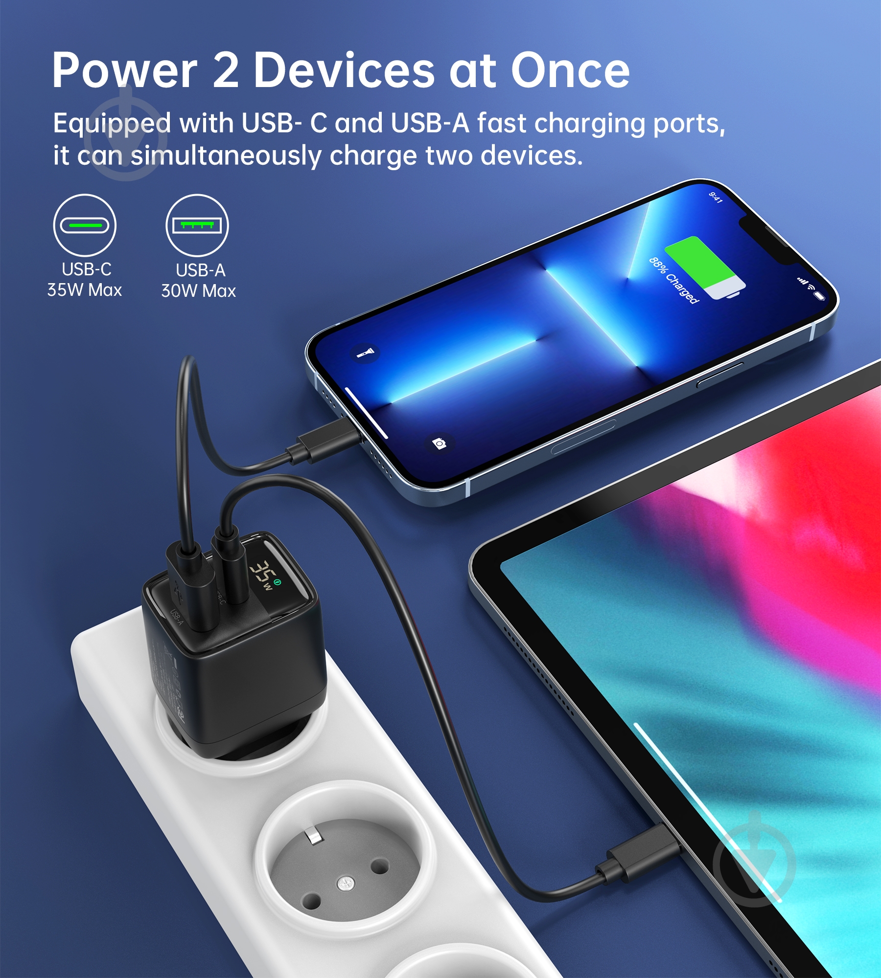 Мережевий зарядний пристрій Choetech PD35W USB 1A+1C з дисплеєм (PD6052-EU-BK) - фото 6