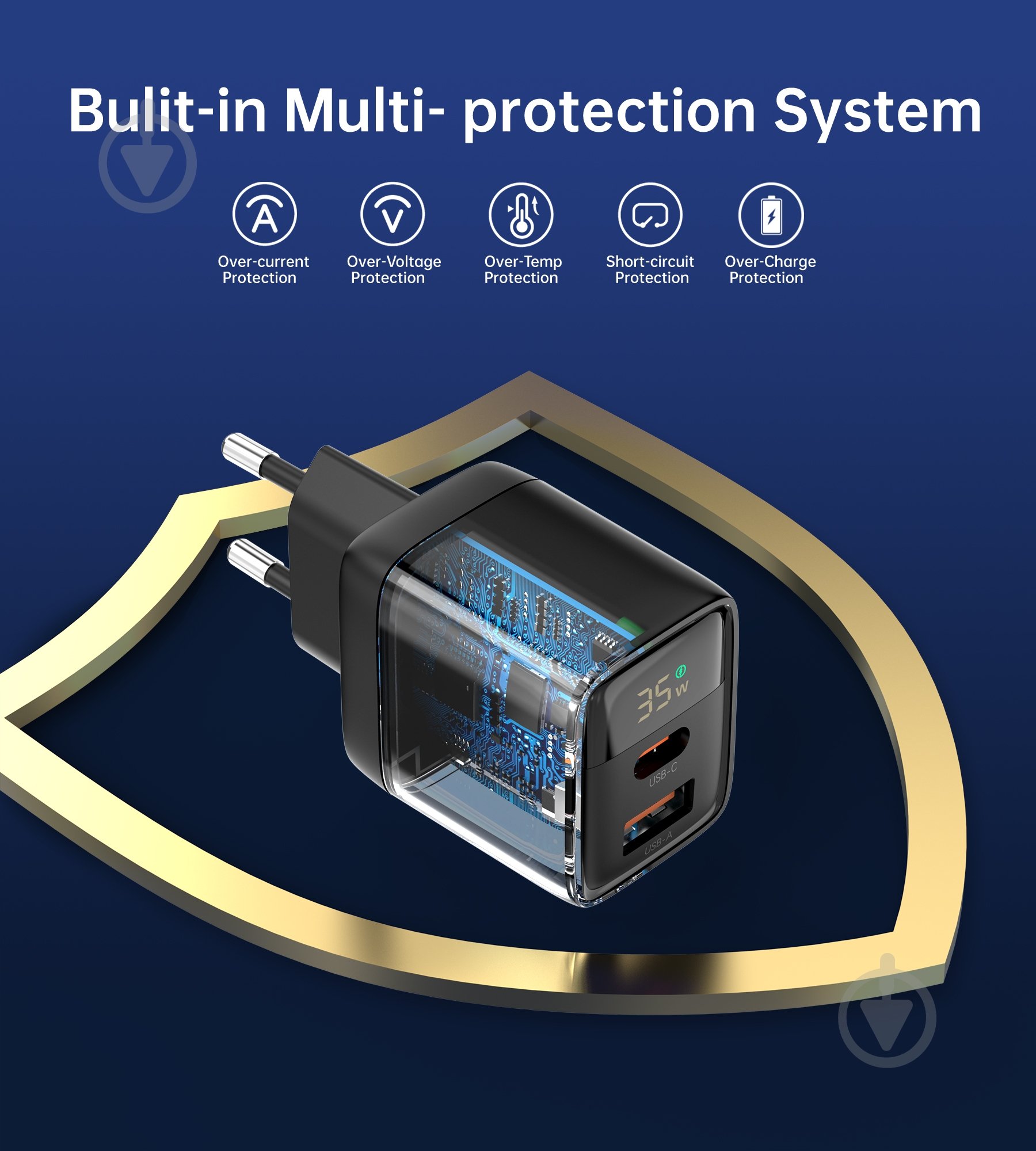 Мережевий зарядний пристрій Choetech PD35W USB 1A+1C з дисплеєм (PD6052-EU-BK) - фото 5