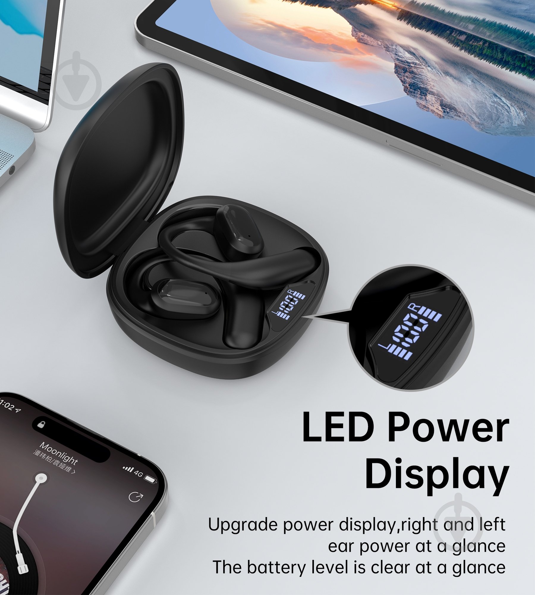 Навушники бездротові Choetech Open-ear з LED-дисплеєм (HEAD-CHOE-BH-T25-BK) - фото 3