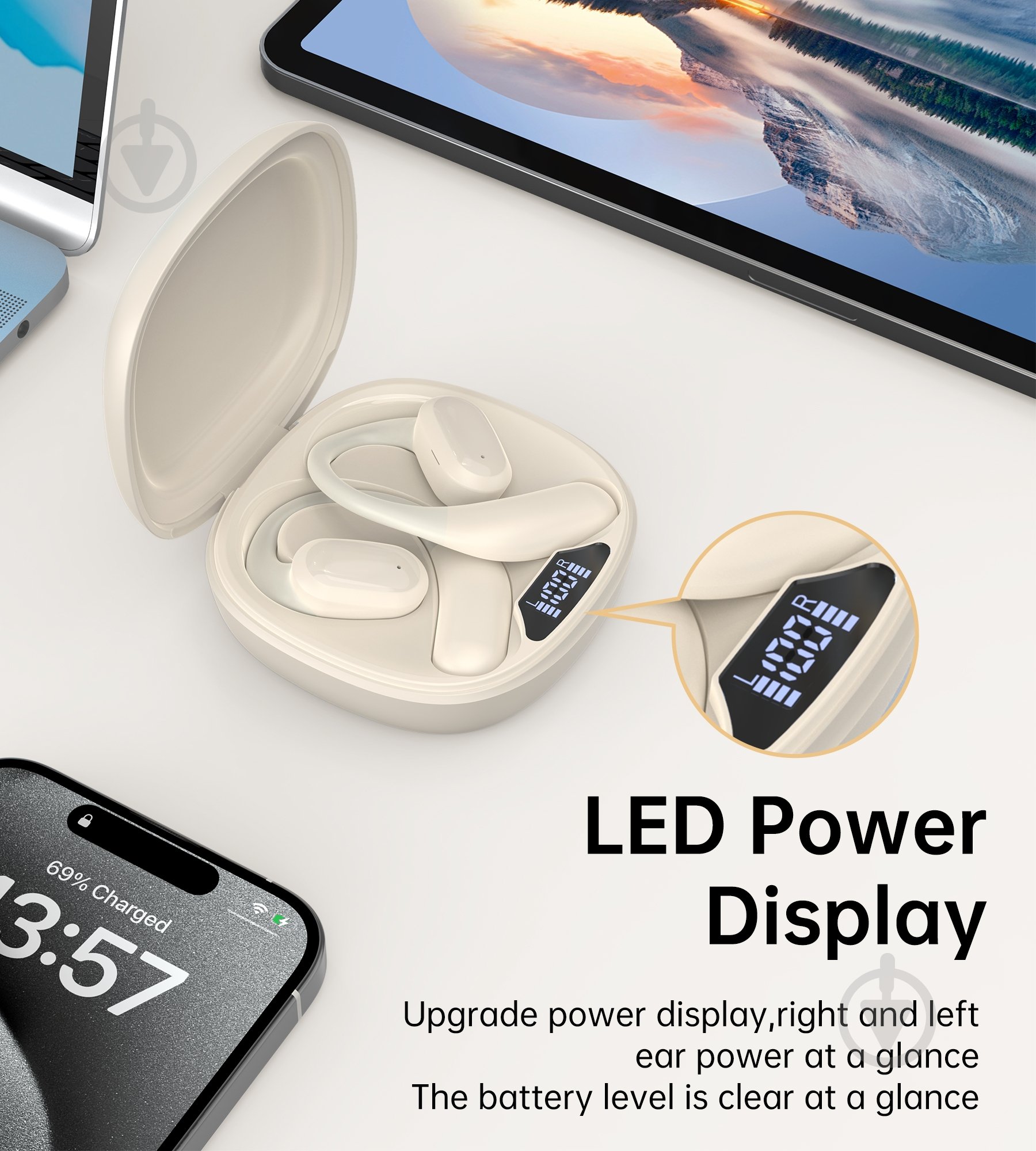 Навушники бездротові Choetech Open-ear з LED-дисплеєм (HEAD-CHOE-BH-T25-SK) - фото 4