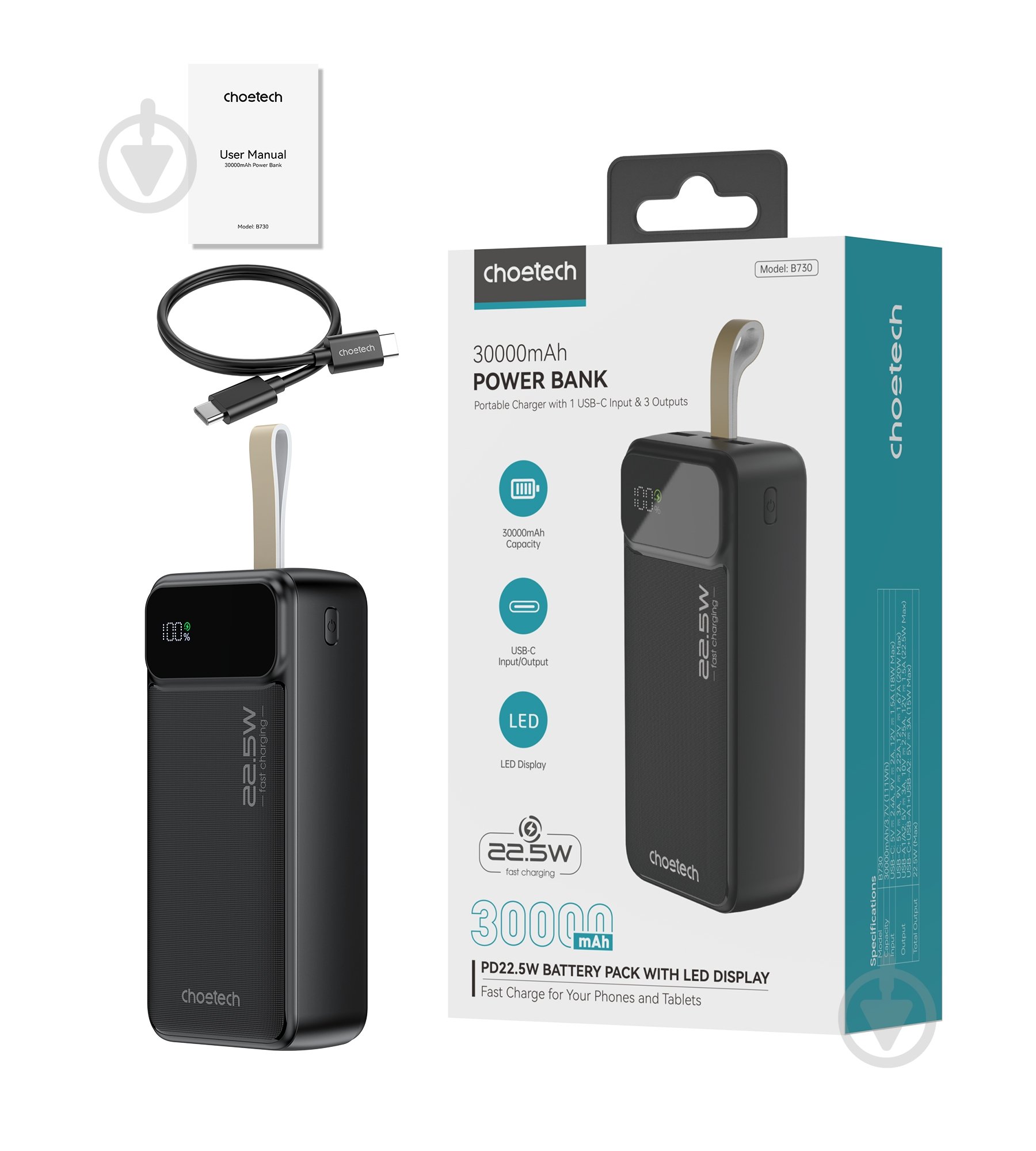 Повербанк Choetech B730 30000 mAh (POW-CHOE-B730) 22,5W Fast charging з LED-дисплеєм - фото 4