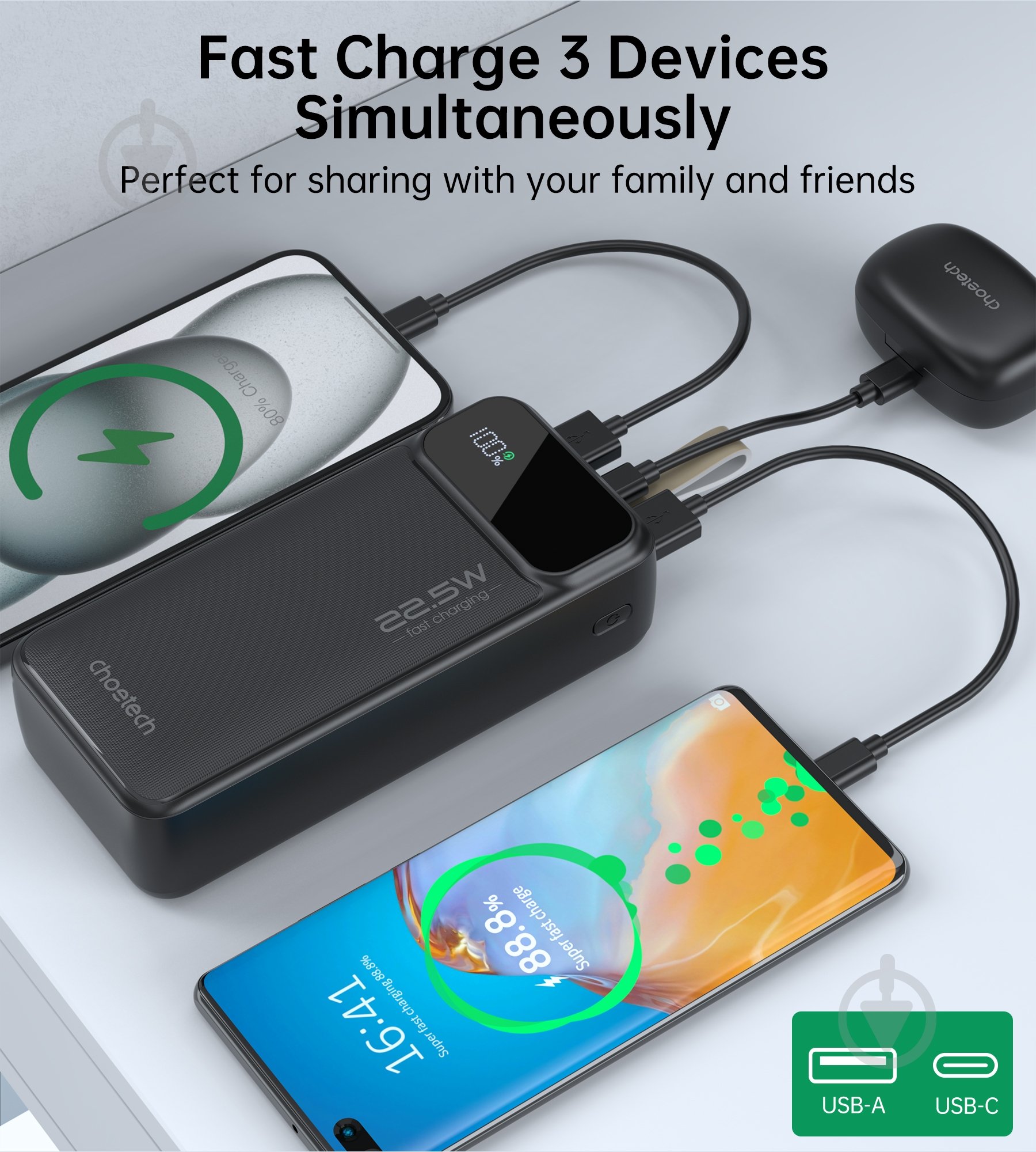 Повербанк Choetech B730 30000 mAh (POW-CHOE-B730) 22,5W Fast charging з LED-дисплеєм - фото 3