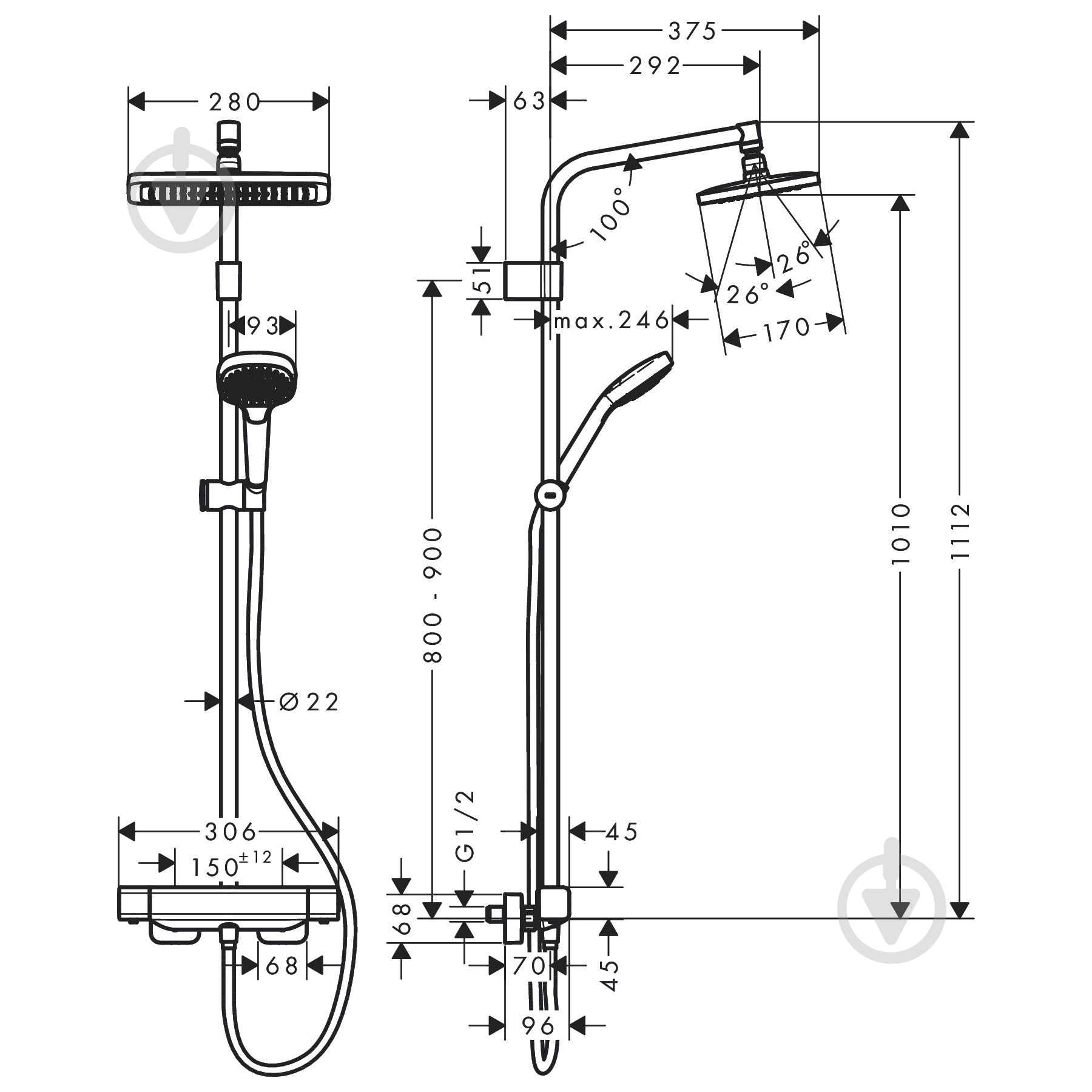 Душевая система Hansgrohe Croma E Varia Showerpipe 280 1jet - фото 2