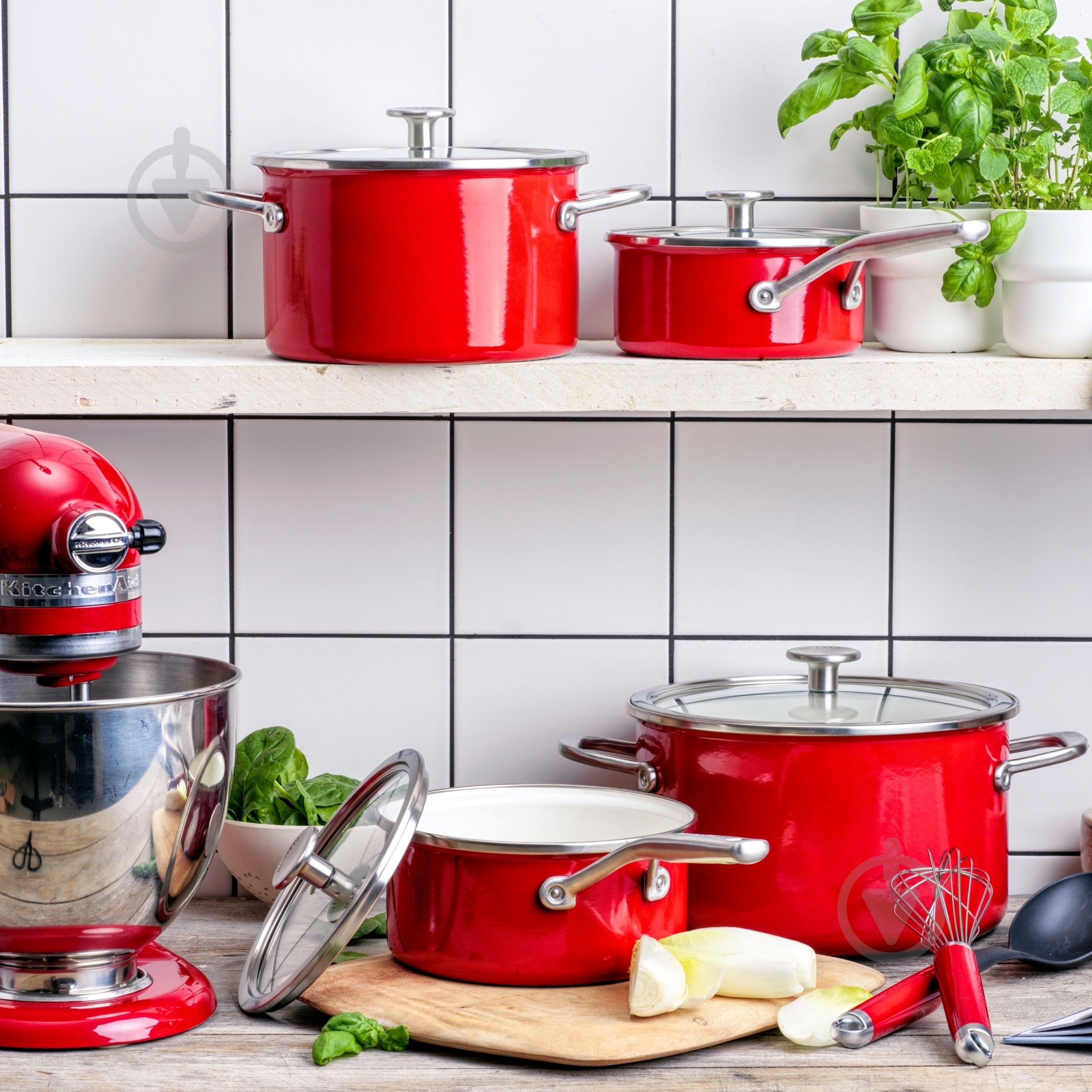 Набір посуду KitchenAid Steel Core, 16/18/20/24 см, 1,3/2/3,7/6 л, 10 предметів, червоний (CC004921-001) - фото 7