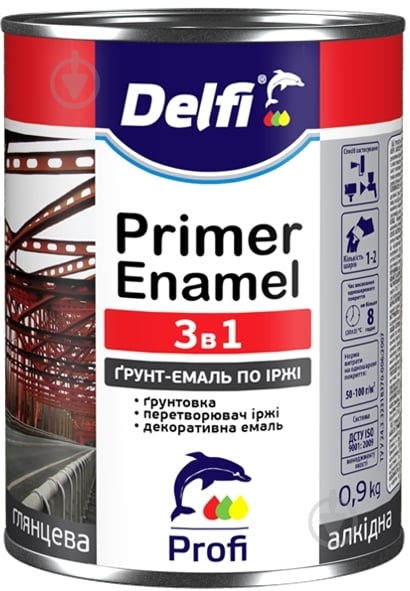 Ґрунт-емаль Delfi по іржі 3 в 1 чорний глянець 0,9 кг - фото 1