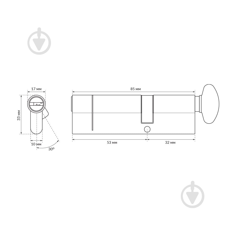 Цилиндр Buonelle 53x32 ключ-вороток 85 мм матовый хром B10CP5332SCX6 - фото 3 Цилиндр Buonelle 53x32 ключ-вороток 85 мм матовый хром B10CP5332SCX6 - фото 3