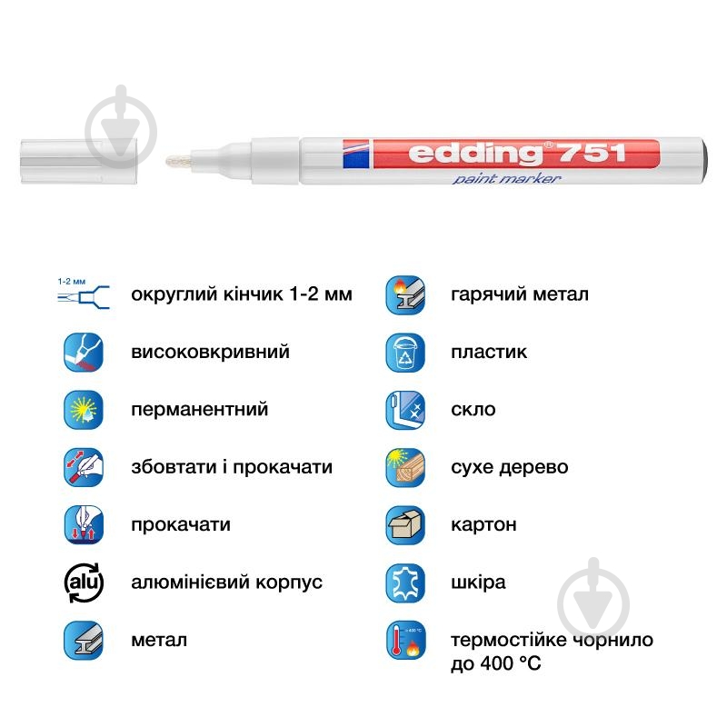 Маркер Edding Paint 1-2 мм круглий білий e-751/49 - фото 2
