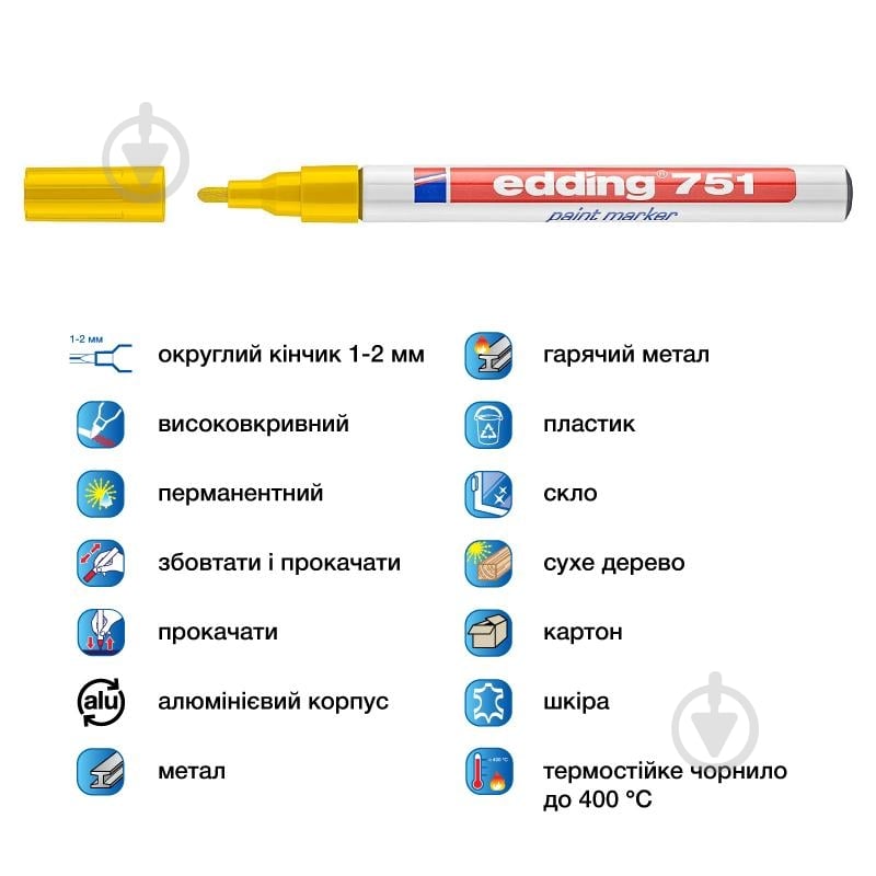 Маркер Edding Paint 1-2 мм круглый желтый e-751/05 - фото 2