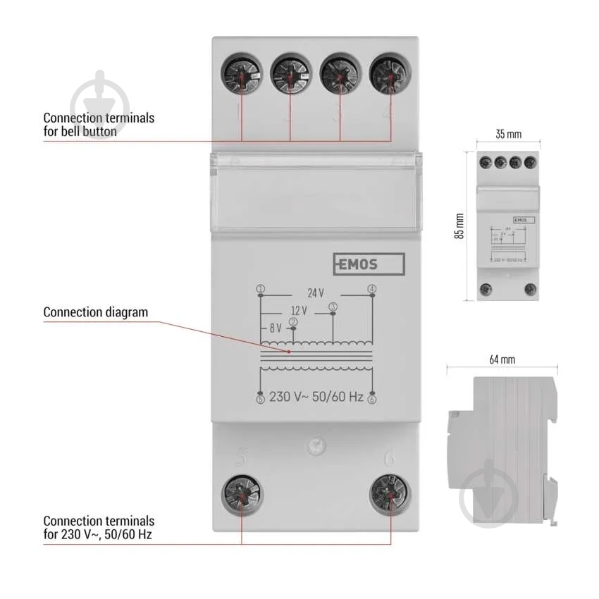 Трансформатор звонка Emos 8/12/24 V белый P57000TR - фото 4