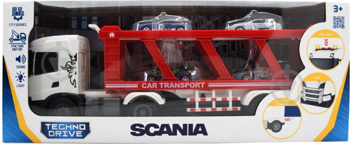 Игровой набор TechnoDrive Large Truck Автоперевозчик Scania 4 машины свет звук 6414KS - фото 2 Игровой набор TechnoDrive Large Truck Автоперевозчик Scania 4 машины свет звук 6414KS - фото 2