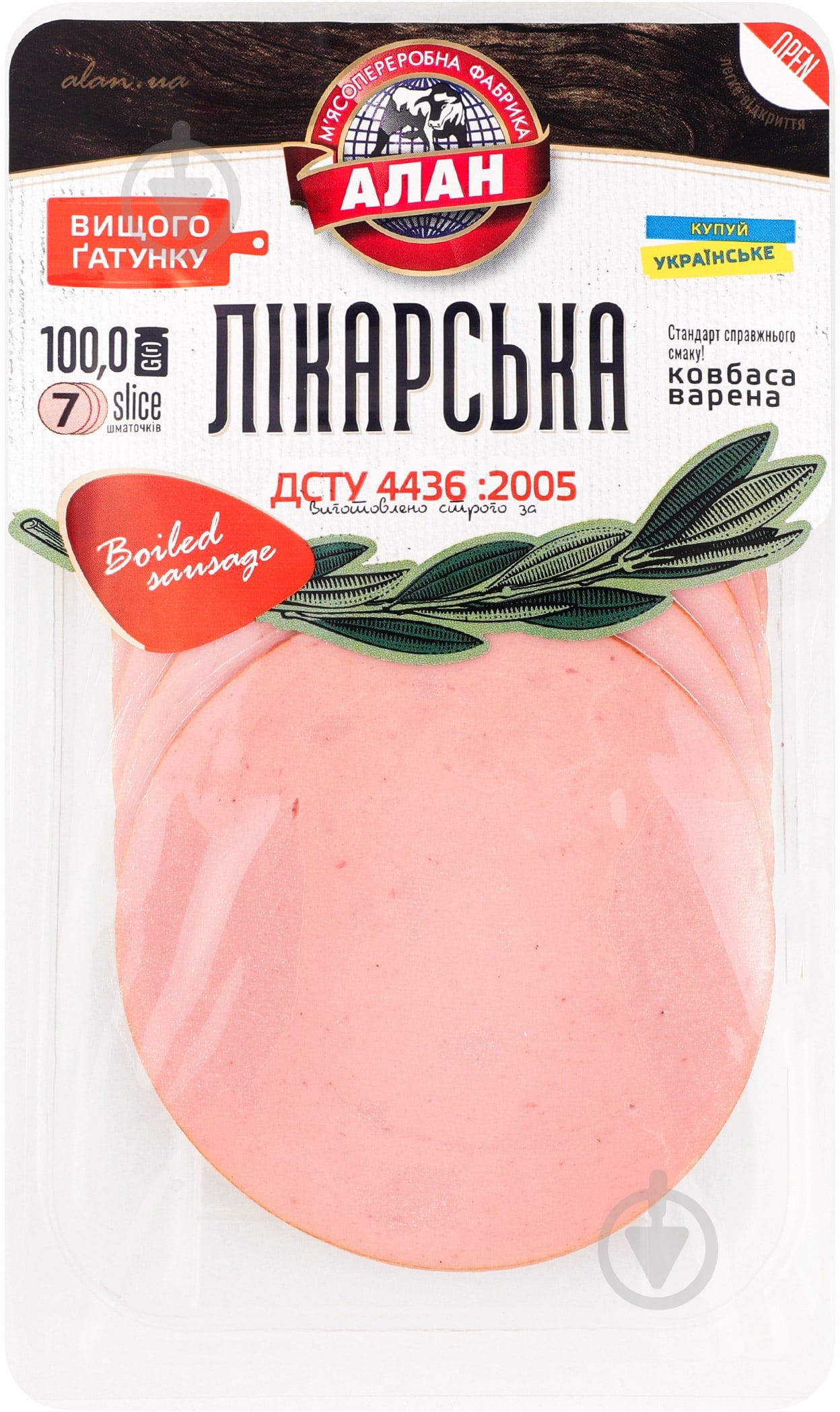 Колбаса Алан колбаса Лекарственная в/г 100г нарезка - фото 1