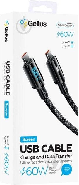 Кабель Gelius Screen GP-UCN007 Type-C to Type-C 60W 1,2 м чорний (00000099208) - фото 3 Кабель Gelius Screen GP-UCN007 Type-C to Type-C 60W 1,2 м чорний (00000099208) - фото 3