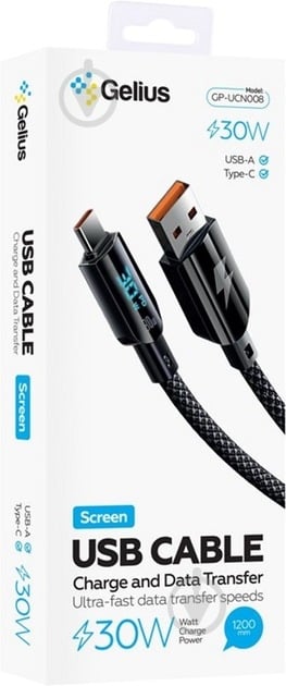 Кабель Gelius Screen GP-UCN008 USB-A to Type-C 1,2 м чорний (00000099207) - фото 3 Кабель Gelius Screen GP-UCN008 USB-A to Type-C 1,2 м чорний (00000099207) - фото 3