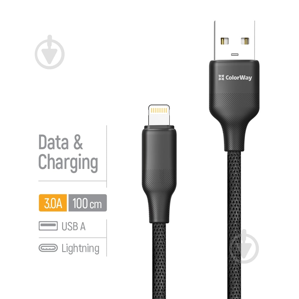 Дата-кабель ColorWay USB - Apple Lightning (TPE embossed) 3А 1 м black (CW-CBUL101-BK) - фото 5