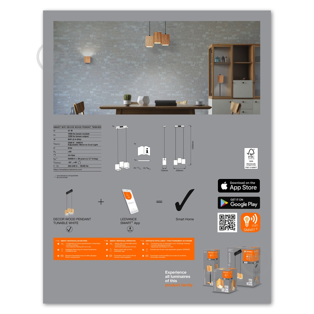 Подвес Ledvance Led Smart Wi-Fi Decor Wood Pendnt 21W 3000-6500K - фото 6
