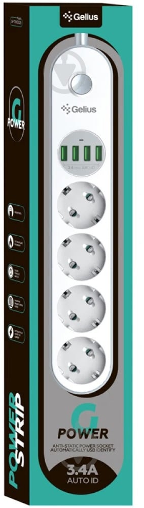Фільтр-подовжувач Gelius Pro PowerStrip G-Power GP-PS-001 4 USB 3.4A із заземленням 4 гн. білий 2 м 00000088635 - фото 4