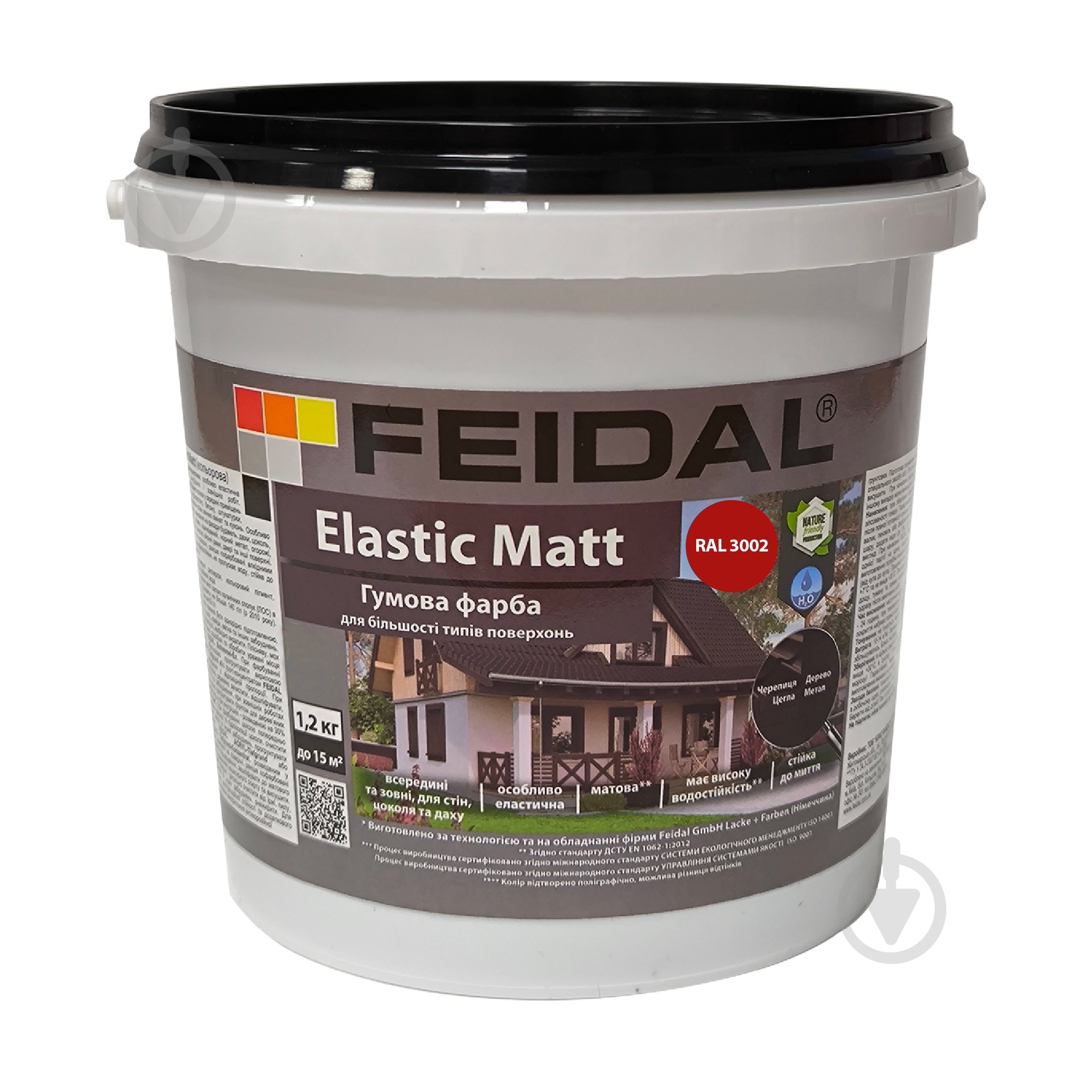 Фарба гумова водоемульсійна Feidal Elastic Matt Ral 3002 мат червоний 1,2 кг - фото 1