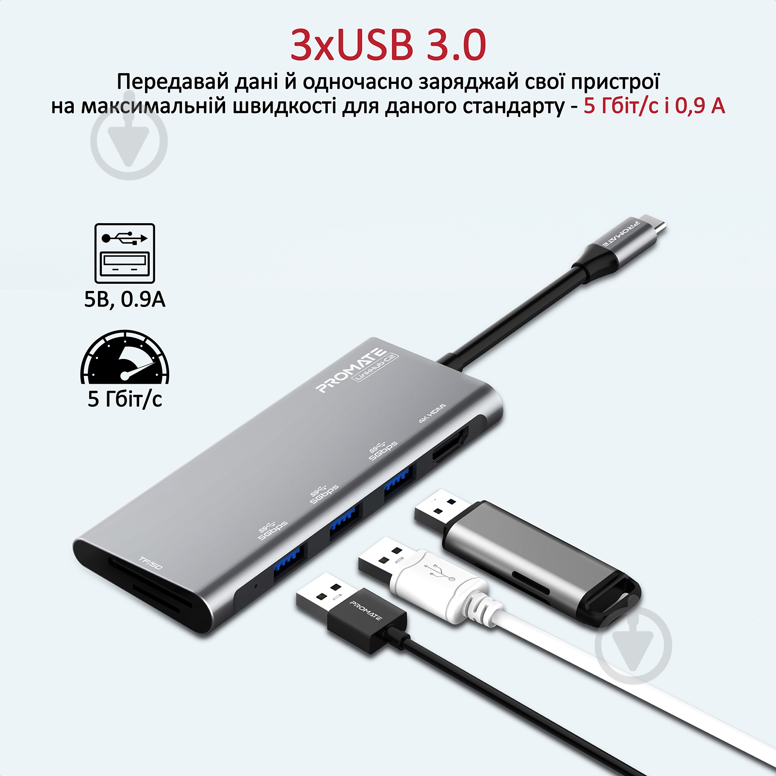 USB-хаб Promate LinkHub-C2 HDMI/3xUSB 3.0/SD/MicroSD - фото 4 USB-хаб Promate LinkHub-C2 HDMI/3xUSB 3.0/SD/MicroSD - фото 4